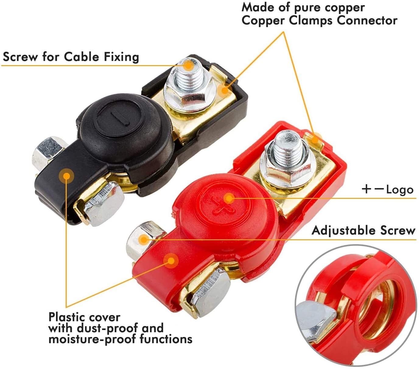Copper Battery Terminal Clamps with Plastic Protective Covers : Negative & Positive