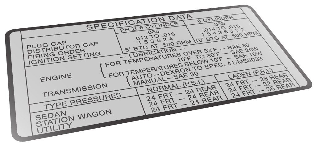 Specifications Data Decal : suit VG, early "PH-II 6 Cylinder" (Screen Print)