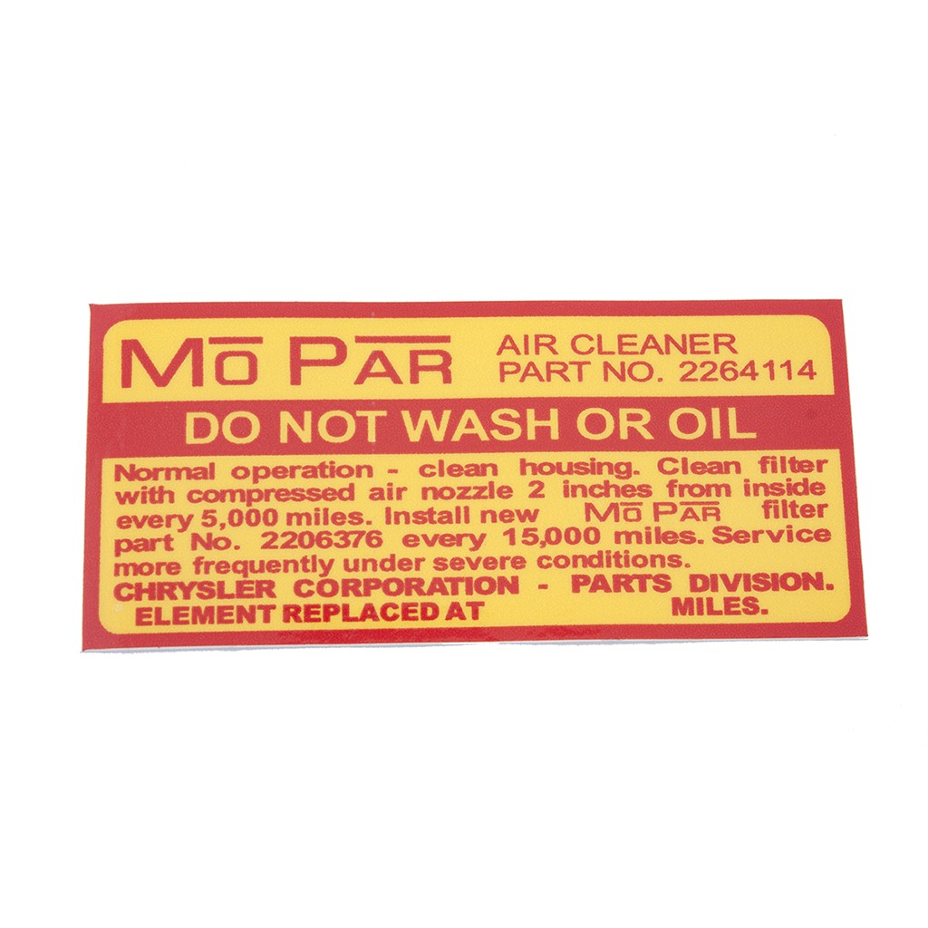 "Mopar, Do Not Wash Or Oil" Air Cleaner : suit RV1/SV1