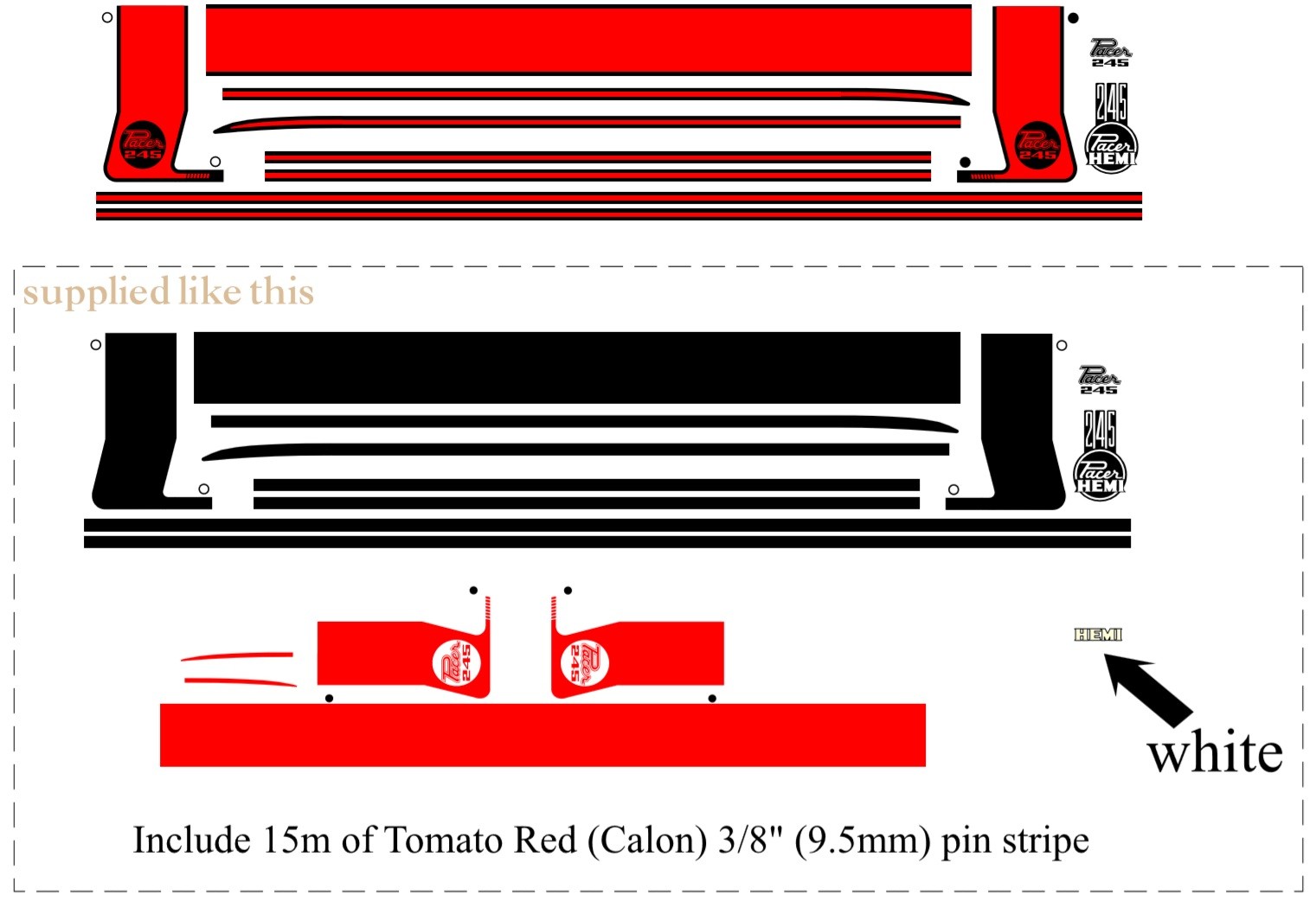 Body Stripe Kit : A88/A84 option codes (Suit VG Pacer Hardtop/Coupe) : Black with RED inserts