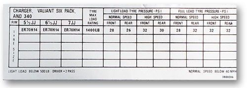 Tyre Pressure Placard Decal : suit VH/VJ (inside glovebox) : 3800206 - "CHARGER, VALIANT SIX PACK AND 340"