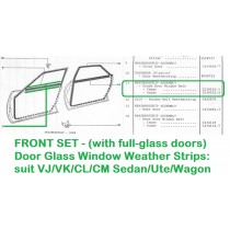 FRONT SET of Door Glass Window Weather Strips : suit VJ/VK/CL/CM Sedan/Ute/Wagon - with full-glass doors